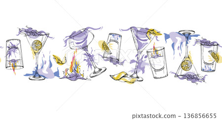 Violet and yellow vector seamless banner of aviation and flaming sambuca cocktails, lemon zest peel garnish. Hand drawn strip for creative borders, digital headers, event modules and themed wraps. Violet and yellow vector seamless banner of aviation and flaming sambuca cocktails, lemon zest peel garnish. Hand drawn strip for creative borders, digital headers, event modules and themed wraps. 136856655