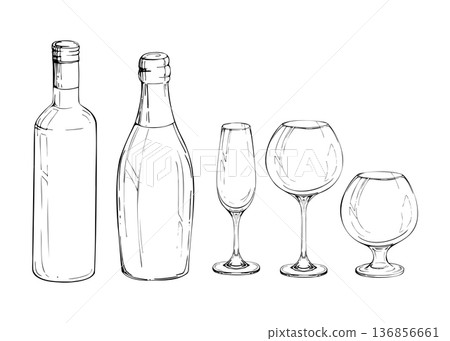 Hand drawn ink illustration of wine, champagne bottle, balloon and flute glasses. Simple elegant silhouette for menu, wine branding, packaging posters, tasting notes, bar design and culinary graphics. Hand drawn ink illustration of wine, champagne bottle, balloon and flute glasses. Simple elegant silhouette for menu, wine branding, packaging posters, tasting notes, bar design and culinary graphics. 136856661