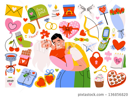Romantic stickers set and illustrations for Valentine's Day, holidays, weddings, celebrations. Love, infatuation, passion. A loving couple hugging. Love items, heart, cupcake, rings, bow, gift, etc. 136856820