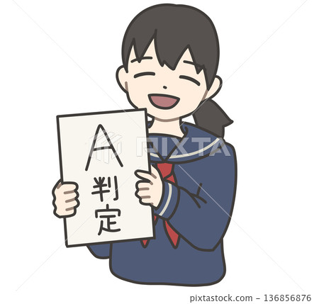 一個穿著水手服的女孩面帶微笑,展示她得了A的考卷。 一個穿著水手服的女孩面帶微笑,展示她得了A的考卷。 136856876