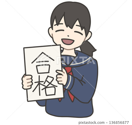 一個身穿水手服的女孩微笑著展示了她的及格成績。 136856877