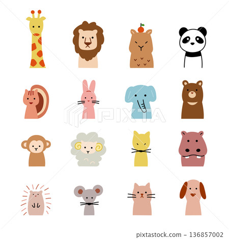 Hand drawn animal flat cute icons 136857002