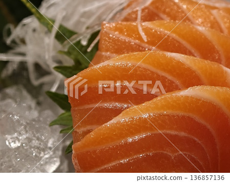 Fresh Salmon Sashimi Crushed Ice Daikon Shiso Garnish Fresh Salmon Sashimi Crushed Ice Daikon Shiso Garnish 136857136