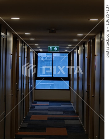 Hotel Corridor Vanishing Point Exit Sign Colorful Carpet Hotel Corridor Vanishing Point Exit Sign Colorful Carpet 136857137