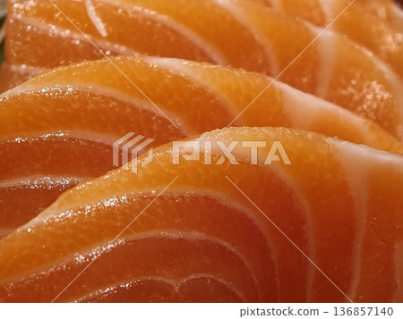 Fresh Salmon Sashimi Crushed Ice Daikon Shiso Garnish 136857140
