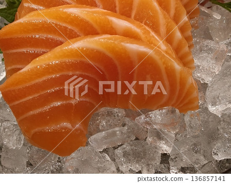 Fresh Salmon Sashimi Crushed Ice Daikon Shiso Garnish 136857141