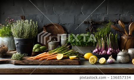 Kitchen counter lined with spring vegetables and herbs ready for cooking 136857334