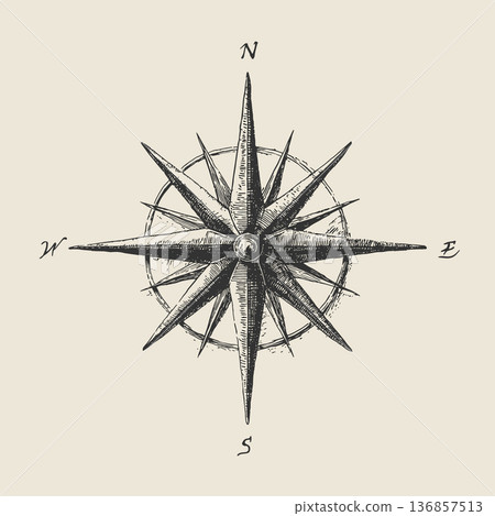 Vintage Wind Rose Map Symbol Vector Illustration in Engraving Ink Drawing Cartography Style Vintage Wind Rose Map Symbol Vector Illustration in Engraving Ink Drawing Cartography Style 136857513