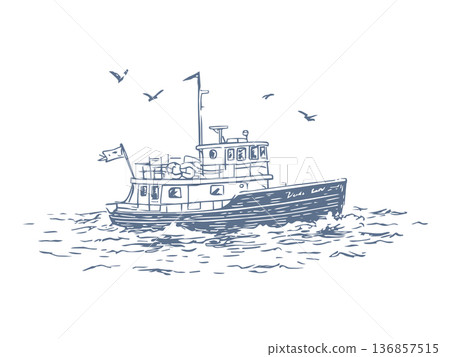 Tugboat Sailing on Sea Waves with Seagulls Hand Drawn Vector Illustration of Tourist Boat. Tugboat Sailing on Sea Waves with Seagulls Hand Drawn Vector Illustration of Tourist Boat. 136857515