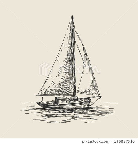 Vintage Engraving Style Sailboat on Sea Waves. Nautical Marine Sailing Ship Vector Illustration Vintage Engraving Style Sailboat on Sea Waves. Nautical Marine Sailing Ship Vector Illustration 136857516