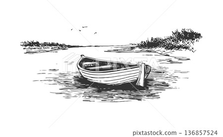 Wooden Rowboat Vintage Fishing Boat Engraving Illustration 136857524