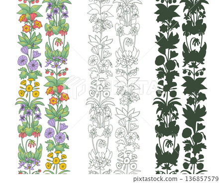 Set of stripe patterns with line art canary islands flowers. Floral vertical seamless border with hand drawn millefleur style botanicals 136857579