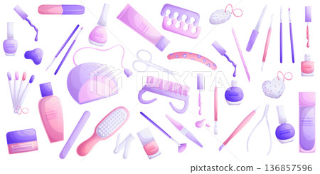 A set of manicure tools, nail file, nail polish, cream, UV lamp, brushes, The concept of beauty and nail design. Isolated vector illustration for the design banners, postcards, brochures, flyer 136857596