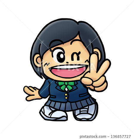 Super-deformed illustration of a smiling female student making a peace sign (SD character/chibi character) Super-deformed illustration of a smiling female student making a peace sign (SD character/chibi character) 136857727