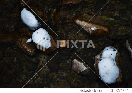 Meltwater river and snow-capped stones [Azumino] 136857755