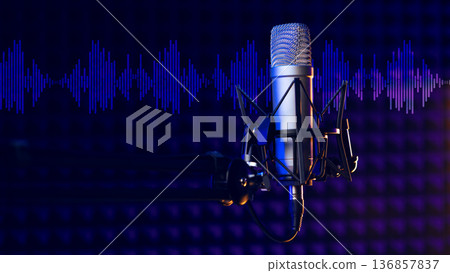Podcast recording studio with microphone and sound wave graphic in background creates audio content Podcast recording studio with microphone and sound wave graphic in background creates audio content 136857837