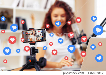 Recording a podcast session with social media reactions in the background Recording a podcast session with social media reactions in the background 136857847
