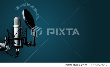 Podcast recording setup with microphone and pop filter ready for use 136857857