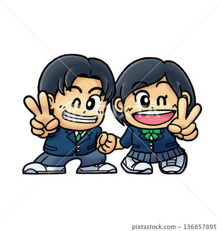 超Q版插圖A,描繪了面帶微笑的男女學生比劃和平手勢(SD角色/Q版角色) 超Q版插圖A,描繪了面帶微笑的男女學生比劃和平手勢(SD角色/Q版角色) 136857895