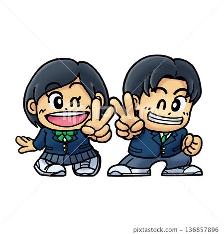 Super-deformed illustration B of smiling male and female students making peace signs (SD character/chibi character) 136857896