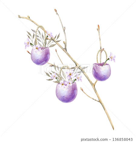 A bare branch of a tree decorated with eggshells with white flowers and green leaves in natural colors. Watercolor illustration on an isolated background. Festive realistic home decor clipart for 136858043