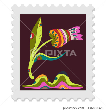 A spring stamp with Easter floral holiday motifs in a naive folk art style. Vector isolated element. 136858323