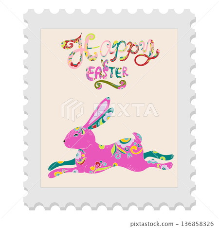 A spring stamp with Easter floral holiday motifs in a naive folk art style. Vector isolated element. 136858326
