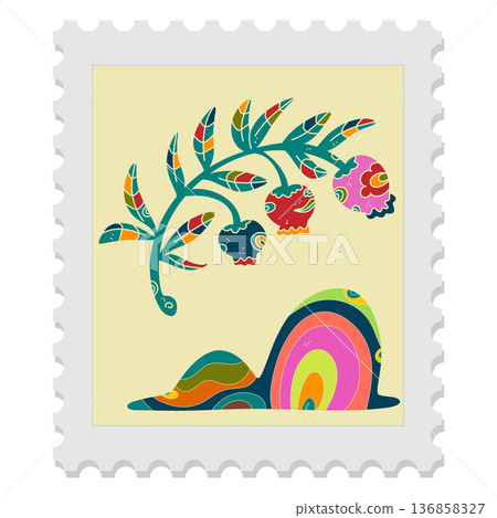 A spring stamp with Easter floral holiday motifs in a naive folk art style. Vector isolated element. 136858327