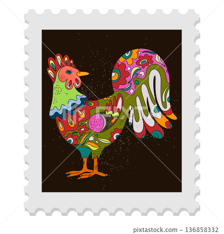 A spring stamp with Easter floral holiday motifs in a naive folk art style. Vector isolated element. 136858332
