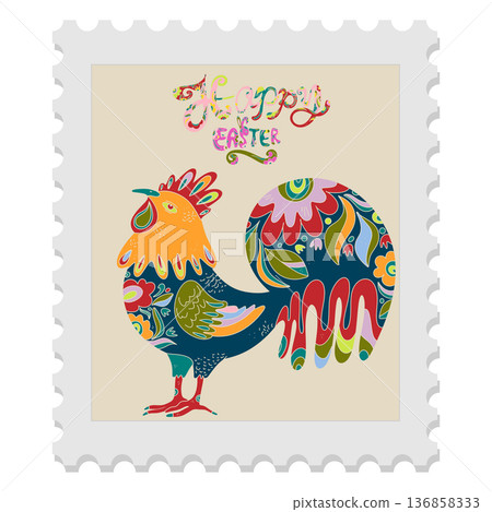 A spring stamp with Easter floral holiday motifs in a naive folk art style. Vector isolated element. 136858333