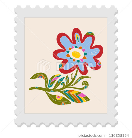 A spring stamp with Easter floral holiday motifs in a naive folk art style. Vector isolated element. 136858334