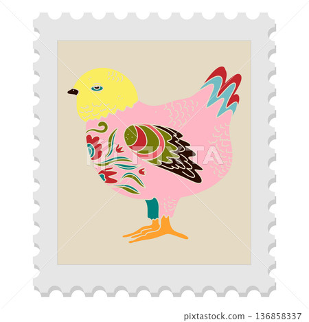 A spring stamp with Easter floral holiday motifs in a naive folk art style. Vector isolated element. A spring stamp with Easter floral holiday motifs in a naive folk art style. Vector isolated element. 136858337
