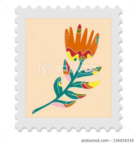 A spring stamp with Easter floral holiday motifs in a naive folk art style. Vector isolated element. A spring stamp with Easter floral holiday motifs in a naive folk art style. Vector isolated element. 136858338