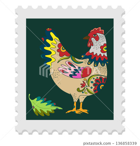 A spring stamp with Easter floral holiday motifs in a naive folk art style. Vector isolated element. A spring stamp with Easter floral holiday motifs in a naive folk art style. Vector isolated element. 136858339