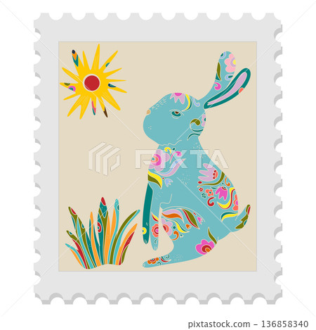 A spring stamp with Easter floral holiday motifs in a naive folk art style. Vector isolated element. A spring stamp with Easter floral holiday motifs in a naive folk art style. Vector isolated element. 136858340