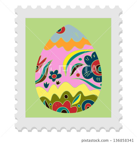 A spring stamp with Easter floral holiday motifs in a naive folk art style. Vector isolated element. A spring stamp with Easter floral holiday motifs in a naive folk art style. Vector isolated element. 136858341