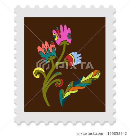A spring stamp with Easter floral holiday motifs in a naive folk art style. Vector isolated element. A spring stamp with Easter floral holiday motifs in a naive folk art style. Vector isolated element. 136858342