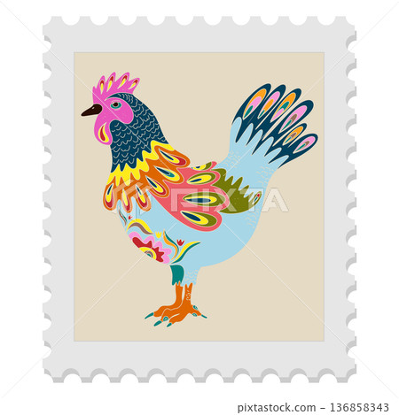 A spring stamp with Easter floral holiday motifs in a naive folk art style. Vector isolated element. 136858343