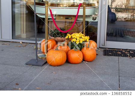Decorative pumpkins and flowers at the entrance of a building in autumn Decorative pumpkins and flowers at the entrance of a building in autumn 136858552