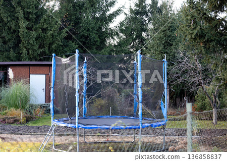 Trampoline set up in a backyard surrounded by trees during early evening 136858837