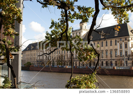 Historic building by the riverbank framed by autumn foliage in the city 136858893