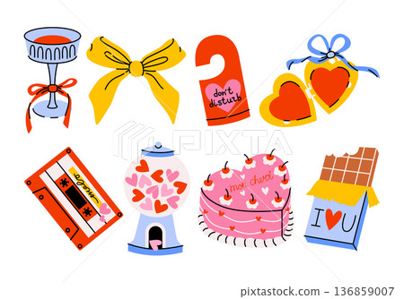 Stickers for Valentine's Day, celebrations. Love, infatuation, passion. Cocktail glass, yellow bow, door hanger, linked heart charms, retro audio cassette, gumball machine, cherry cake, chocolate bar. Stickers for Valentine's Day, celebrations. Love, infatuation, passion. Cocktail glass, yellow bow, door hanger, linked heart charms, retro audio cassette, gumball machine, cherry cake, chocolate bar. 136859007