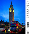 London Big Ben and a red double-decker bus at dusk 136859174