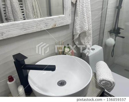 view on the sink in bathroom. top view 136859337