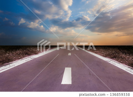 New start on highway with sunset sky and clouds 136859338