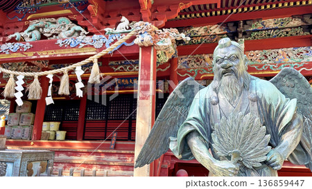 Sculptures and Tengu statues at Japanese temples and shrines, protection from evil and traditional culture, Mount Takao Sculptures and Tengu statues at Japanese temples and shrines, protection from evil and traditional culture, Mount Takao 136859447