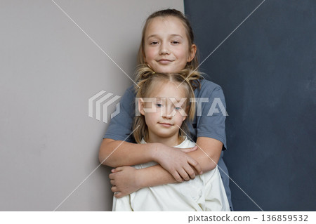 Healthy children little girl and boy together at home. Sibling indoor, childhood concept Healthy children little girl and boy together at home. Sibling indoor, childhood concept 136859532