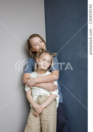 Portrait of children little girl and boy together at home. Sibling indoor, childhood concept 136859540
