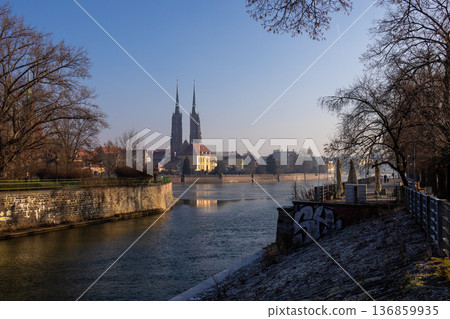 Wroclaw city view with river and towers on a winter day in Poland 136859935