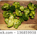 Fresh broccoli laid out on a wooden cutting board at kitchen counter 136859938